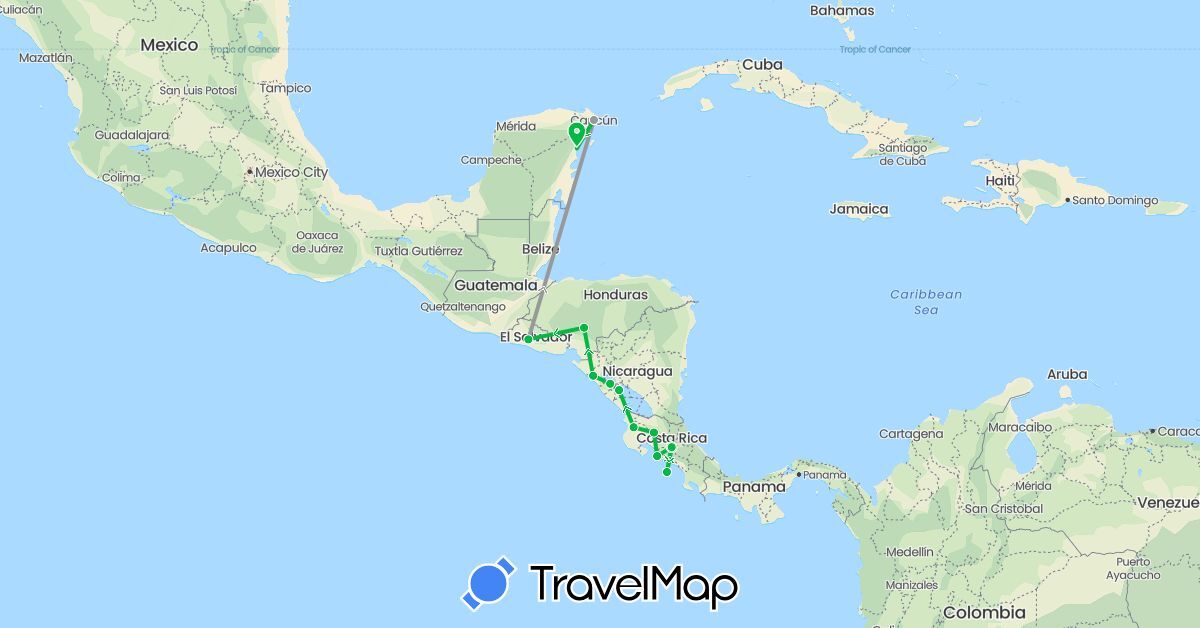 TravelMap itinerary: driving, bus, plane in Costa Rica, Honduras, Mexico, Nicaragua, El Salvador (North America)